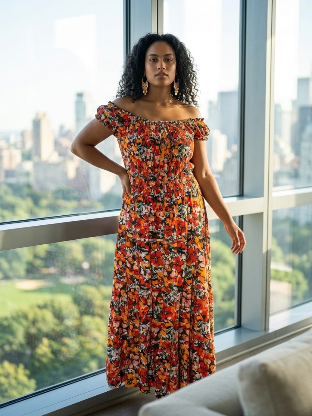 Off-Shoulder Floral Maxi Dress in Orange
